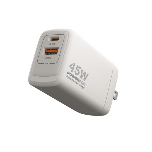 [02149] CARGADOR DUAL TIPO USB-A Y USB-C UNNO GAN PW5065WT 45W  BLANCO